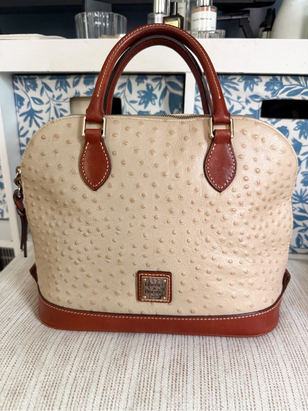 Dooney & Bourke Cream and Brown Satchel with Ostrich Texture